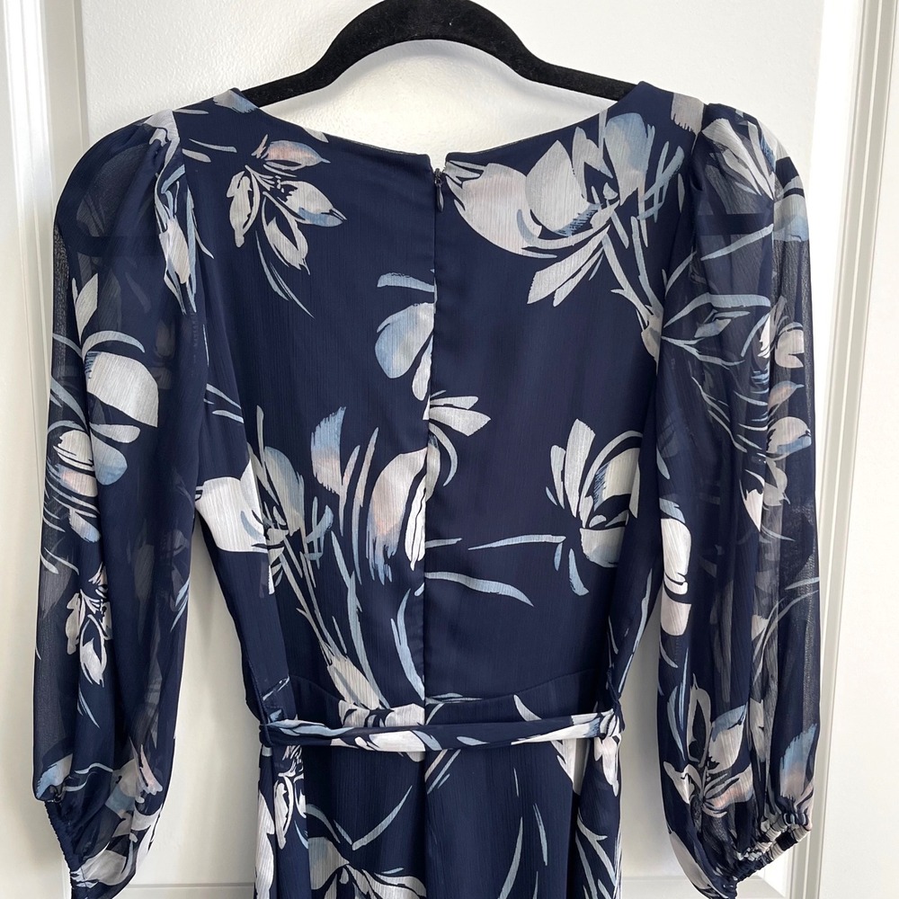 DKNY Navy Floral Wrap Maxi Dress Sheer Sleeve Tie Waist Size 2 NWT - Picture 7 of 13